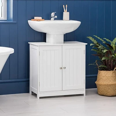 Image of CHRISTOW White Under Sink Bathroom Cabinet, Free Standing Wooden Storage Unit, Basin Cupboard With Shelf