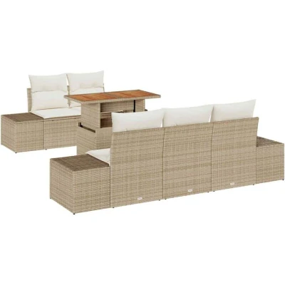 Image of vidaXL 6 Piece Garden Dining Set with Cushions Beige Poly Rattan Acacia