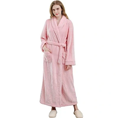 Image of KINOW Womens Hotel Bathrobe Soft Warm Long Fleece Plush Robe Full Length Dressing Gown Pink