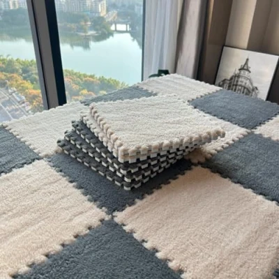 Image of 10Pcs 30x30x1cm Plush Foam Puzzle Area Rug, Soft Interlocking Carpet Mats for Bedroom Livingroom Playroom Gym Yoga,Cuttable Floor Mat (Grey and Beige)
