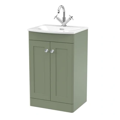 Image of nuie CLC823J Classique Traditional Bathroom Floor Standing 2 Soft Close Door Vanity Unit and Curved Basin, 500mm, Satin Green