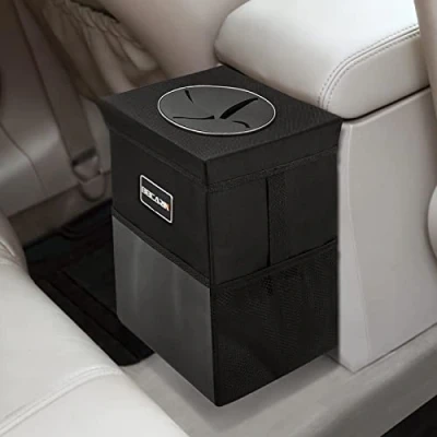 Image of Car Trash Bin with Lid Bag Hanging Storage Pockets Leak Proof Organizer Collapsible and Portable Waterproof Garbage Bin, 10L Large Capacity Multipurpose