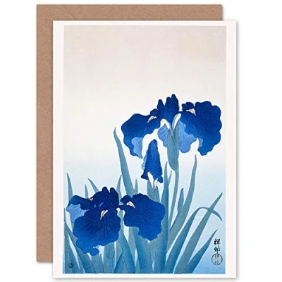 Image of Wee Blue Coo Iris Flowers Ohara Koson Greeting Card With Envelope Inside Premium Quality