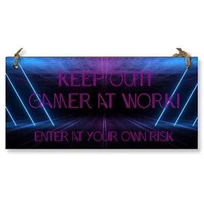Image of Handmade Wooden Hanging Wall Plaque Keep Out Gamer at Work Novelty Gift Gamers Computer Game Fans Man Cave Sign