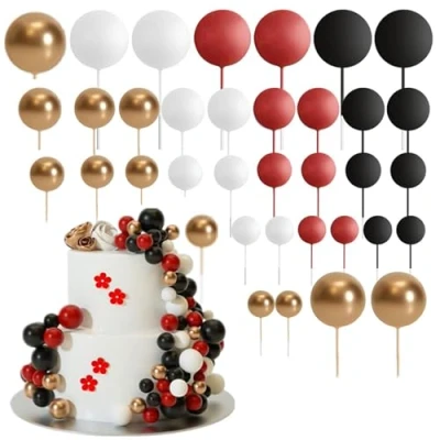 Image of 36PCS Ball Cake Toppers Mini Balloon Decorations Foam Picks Shaped Cupcake DIY Insert for Wedding Birthday Party (Black)