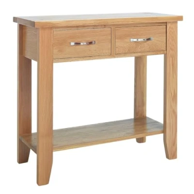 Image of Hallowood Furniture Camberley Oak Console Table with 2 Drawer in Light Oak, Wooden Narrow Side Shelf, Radiator Table, Telephone Small for Living Room