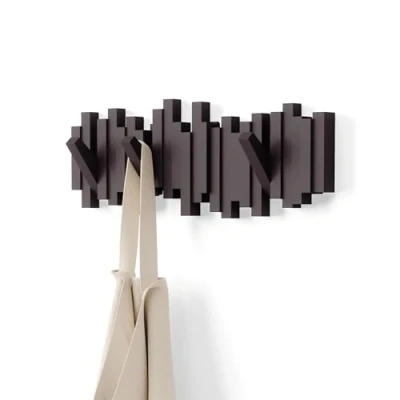 Image of Umbra Sticks Multi Rack Modern, Unique, Space Saving Hanger with 5 Flip Down Hooks for Hanging Coats, Scarves, Purses and More, Espresso, 19 1/2&quot; x 7 1/4&quot; 1&quot; h