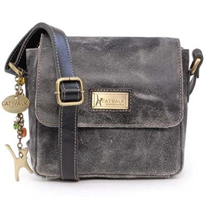 Image of Catwalk Collection Handbags Ladies Small Distressed Leather Cross Body Bag Women&#039;s Messenger Adjustable Crossbody Strap SABINE S Black