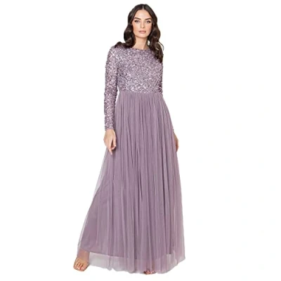Image of Maya Deluxe Women&#039;s Ladies Dress for Wedding Guest Plus Size Empire High Waist Sequins Long Sleeve Evening Bridesmaid, Moody Lilac, 18