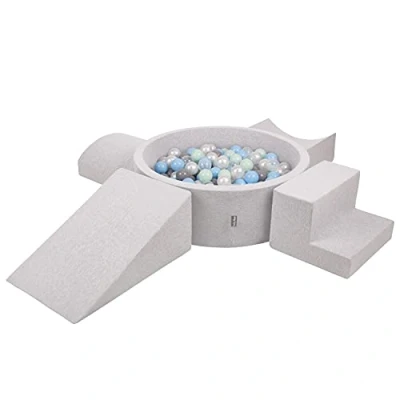 Image of KiddyMoon Foam Playground For Kids With Round Ballpit (300 Balls) Obstacle Course, Lightgrey:Pearl/Grey/Transparent/Babyblue/Mint