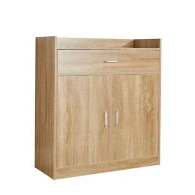 Image of Home Source Shoe Cabinet, 2 Door 1 Drawer Storage, Compact Hallway Cupboard Organiser, Footwear Rack Stand, Wooden Sideboard, Oak Effect
