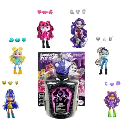 Image of Monster High Potions Mini Dolls and Accessories, Surprise 3 inch Character Figures in Display Bottle with Water Reveal &amp; Charms (Characters May Vary), HYB10