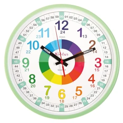 Image of Kiddus Wall Clock for Boys and Girls. Silent Analogue Time Teacher with Exercises. Easy to Read Learn the Time. 30cm diameter XL Mint