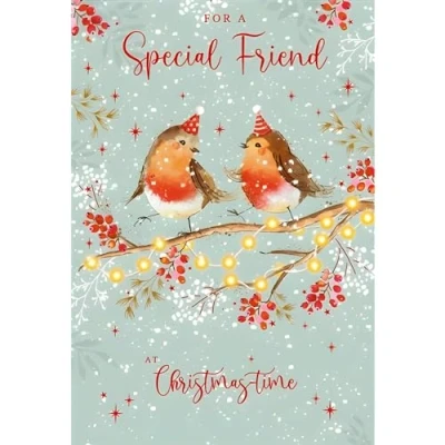 Image of Special Friend Christmas Card Festive Robins Artistic Design Finish and Illustrated Insert Leaf Made in the UK Eco Friendly