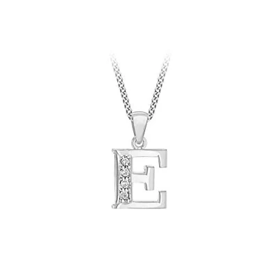 Image of Tuscany Silver Women&#039;s Sterling Rhodium Plated Initial &#039;E&#039; with Cubic Zirconia on Curb Chain of 46cm/18&#039;&#039;