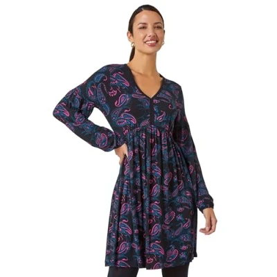 Image of Roman Stretch Jersey Dress for Women UK Ladies Gathered Waist A Line Swing Skater Fit &amp; Flare Winter Autumn Knee Length V Neck Casual Smart Cocktail Party Going Out Black Size 10
