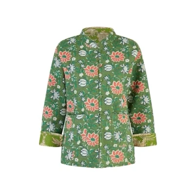 Image of Yumi Womens Green Floral Print Reversible Cotton Quilted Jacket Size 8 UK