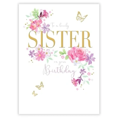 Image of Noel Tatt Female &#039;Lovely Sister&#039; Birthday Card for Women Pretty Pink Flowers and Butterflies Eco Friendly &amp; Recyclable Made in England