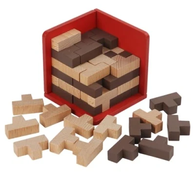 Image of PrfcNL 3D Wooden Puzzle Cube Puzzle, T Shaped Blocks, Brain Teaser for Children and Adults