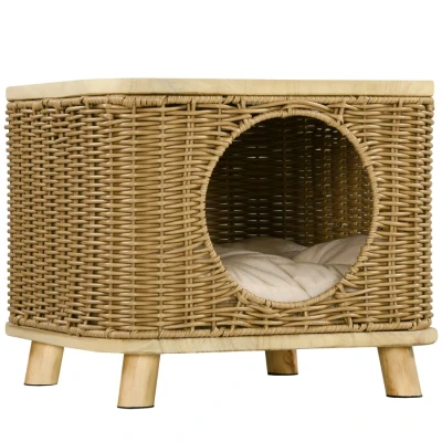 Image of PawHut Wicker Cat House, Elevated Design Rattan Bed Basket with Washable Soft Cushion, Door Hole, for Indoor Cats Kittens, Light Brown