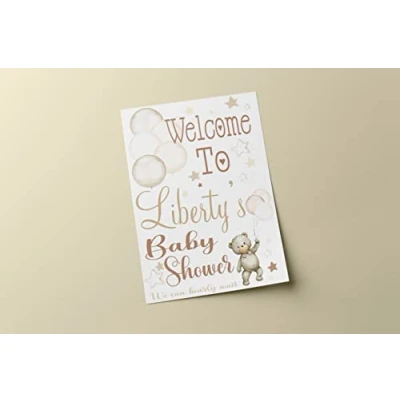 Image of Print A Party Personalised Baby Shower Banner Welcome Sign Board Poster Teddy Bear Balloons Theme Brown Neutral Blue or Pink (Paper Poster)