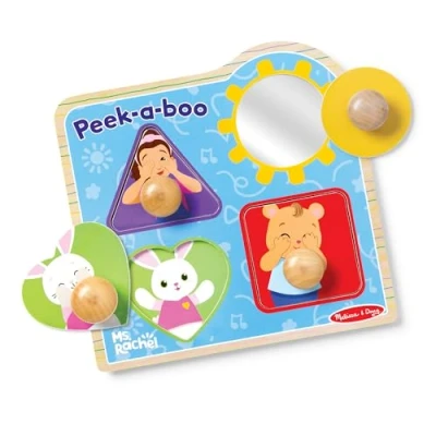 Image of Melissa &amp; Doug Ms Rachel Wooden Peek a Boo Jumbo Peg Puzzle, 4 Piece with Mirror, Toddler Toys for Boys and Girls Ages 1+ Years