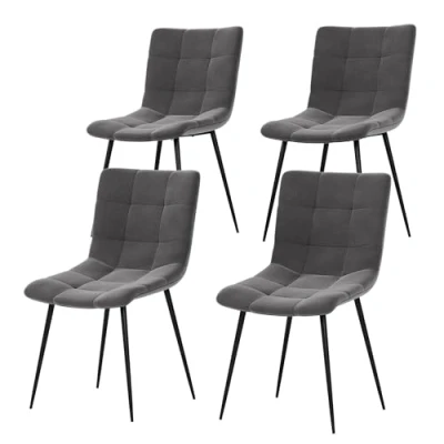 Image of Vida Designs Richton dining chairs Upholstered Velvet Fabric Seat with Black Metal Legs (4, Grey)