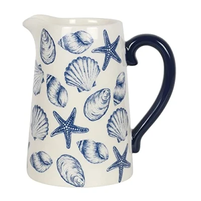 Image of Stunning Whie &amp; Blue Ceramic Seashell Flower Jug 17.5cm x 16cm (1 Pc.) Spacious, Durable Stylish Design Ideal for Everyday Use Perfect Home Decor Gift