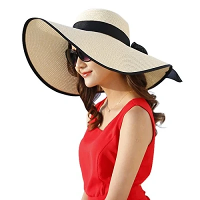 Image of DRESHOW Womens Wide Brim Straw Hat Floppy Foldable Roll up Cap Beach Sun UPF 50+