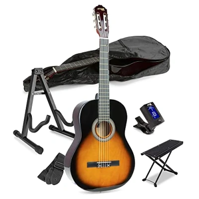 Image of MAX Classical Acoustic Guitar Starter Set with Stand, Tuner, Gig Bag, Foot Rest, Strings, SoloArt Sunburst