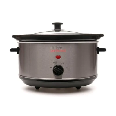 Image of KitchenPerfected 3.5Ltr Oval Slow Cooker 3 Heat Settings Removable Crock Pot Power &amp; Temp Indicator Light Toughened Glass Lid Cool Touch Handles Brushed Steel E3036SS