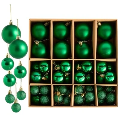 Image of THE TWIDDLERS 50 Pack Green Christmas Baubles Various Sizes and Finishes 6cm, 4cm, 3cm Matte, Shiny, Glittery for Tree Decoration
