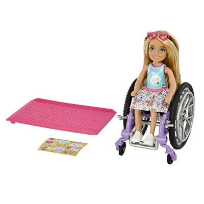 Image of Barbie Chelsea Doll &amp; Wheelchair, with (Blonde), in Skirt Sunglasses, Ramp Sticker Sheet, Toy for 3 Year Olds Up