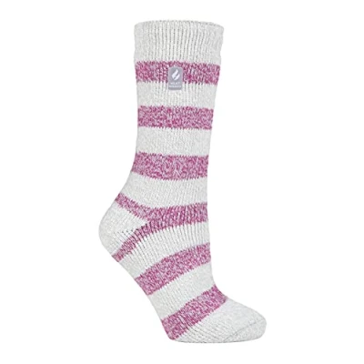 Image of HEAT HOLDERS Ladies Thermal Socks for Winter Outdoor &amp; Indoor Cuddly Fluffy Gifts Women (4 7, Light Grey/Berry (Chunky Stripe))