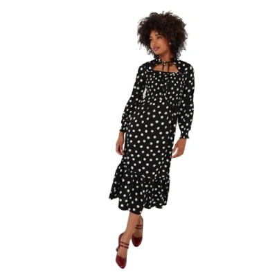 Image of Joe Browns Women&#039;s Fashion Retro Monochrome Polka Dot Midi Dress with Neck Ties, Regular Fit, Black, UK 14
