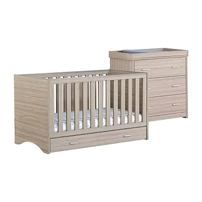 Image of Babymore Veni 2 Piece Nursery Room Set With Drawer Oak 1 Under Baby Cot Bed &amp; Chest Changer 3 Double Handle Drawers, Wooden Of Storage Cabinet Furniture