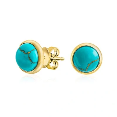 Image of Simple Blue Compressed Turquoise Bezel Set Round Dome Button Stud Earrings For Women Gold Plated .925 Sterling Silver