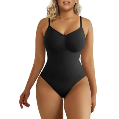 Image of SHAPERX Bodysuit for Women Seamless Body Shaper Tummy Control Shapewear Thong Adjustable Strap, UK SZ5215 Black S/M
