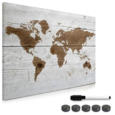Image of Navaris Magnetic Memo Board Whiteboard 70 x 50 cm Dry Erase White with Design for Wall Includes Marker and Magnets World Map