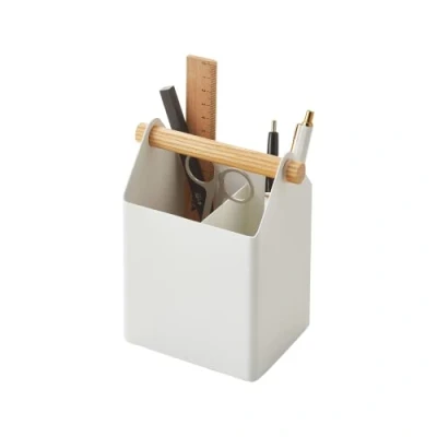 Image of Yamazaki 4151 TOSCA Pen Stand, white, Steel/Wood, Minimalist, 12 x 8.5 14.5 cm