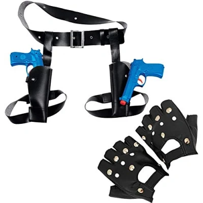 Image of Silver Fancy Dress Tomb Raider Accessory Video Game Character Set Studded Gloves, Thigh Holster And Gun