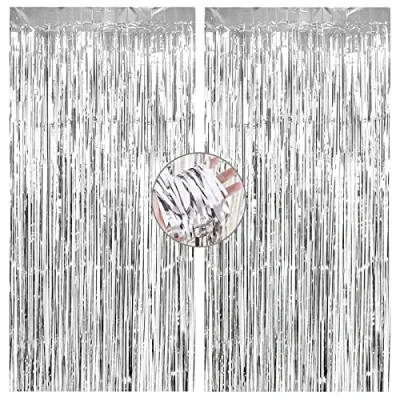 Image of Mutool 2 Pack Sliver Tinsel Curtains, 1 x 2m Sparkle Foil Fringe Metallic Streamer Backdrop for Birthday Party Wedding Baby Shower Christmas Halloween Disco Decorations