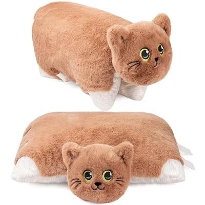 Image of BRUBAKER Cuddly Animal Pillow Cat 2 in 1 Stuffed and 15.7 x 11.8 inches (40 30 cm) Plush Toy Foldable Kids Decorative Brown