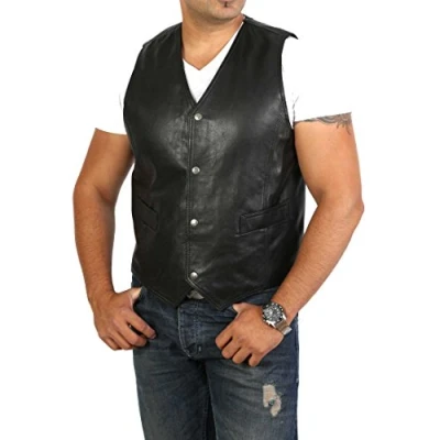 Image of A1 FASHION GOODS Mens Soft Black Leather Waistcoat Classic Traditional Style Gilet Casual Vest Bruno (Large)