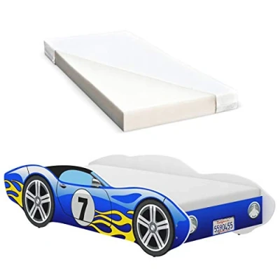 Image of iGLOBAL Toddler Bed Kids Child Children Junior Baby Boys Auto Beds Car Frame with Foam Mattress included 140 x 70 cm Blue