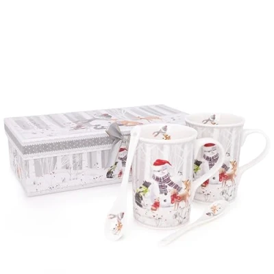 Image of Christmas Concepts® Snowman &amp; Friends Luxury Ceramic Tableware Range Set of 2 10oz Mugs Spoons with Matching Decorative Gift Box
