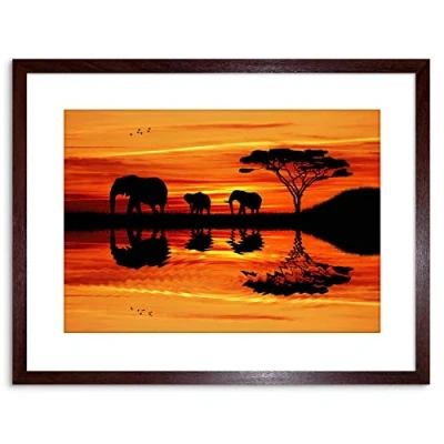 Image of Wee Blue Coo Photo African Elephant Silhouette Sunset Framed Wall Art Print