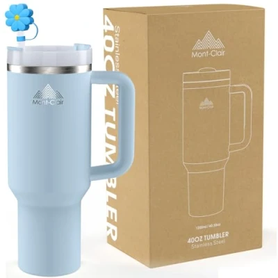 Image of Mont Clair 40oz Tumbler with Straw and Lid Insulated Stainless Steel Travel Mug Handle Thermos for Hot &amp; Cold Drinks or 10 hours Iced 48 1200ml Glacier