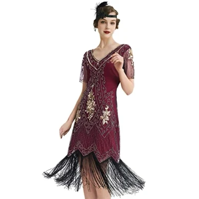 Image of BABEYOND 1920s Flapper Fringed Sequin Dress Roaring 20s Fancy Gatsby Costume V Neck Vintage Beaded Evening (RedGold, XL)