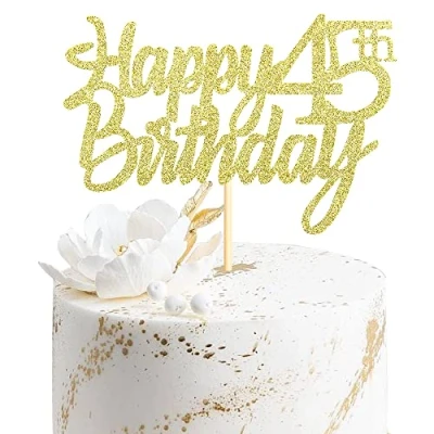 Image of Sumerk Gold Glitter Happy 45th Birthday Cake Topper for Anniversary Party Decorations Pack of 1